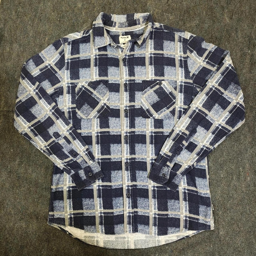 Hurley Mens Blue White Plaid Flannel Button Up Shirt Classic Fit Medium